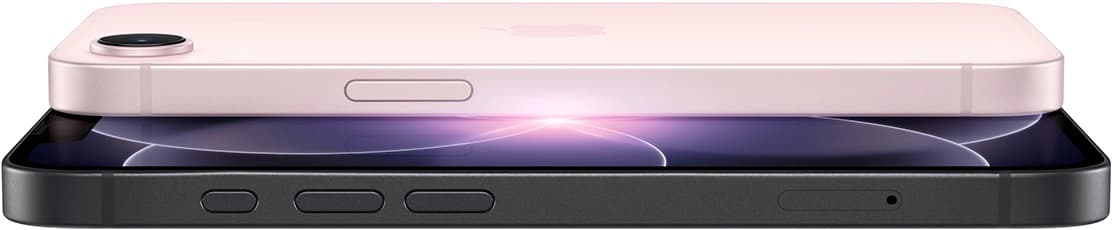 横向放置的黑色 iPhone 17e，展示侧面和正面外观；横向放置的浅粉色 iPhone 17e，展示侧面和背面外观。